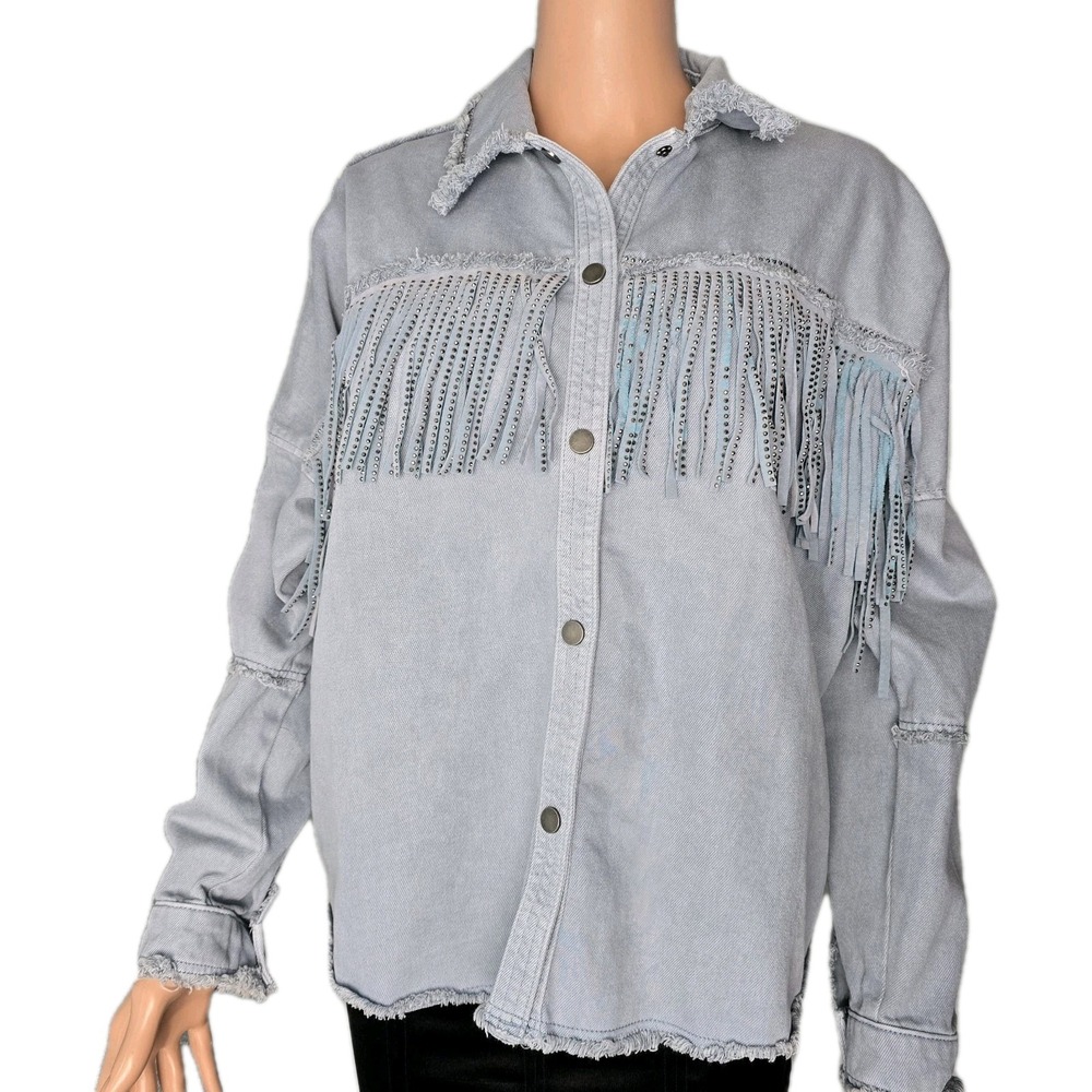 Zara Rhinestone Fringe Denim‎ Shacket Light Blue Gray Western Boho Size Small